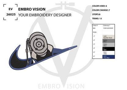 A digital embroidery design preview for “SWOOSH – Obito Uchiha DESIGN” showing a stylized anime character inspired by Obito Uchiha facing forward and looking directly at the viewer while wearing his mask, positioned inside a bold swoosh-shaped emblem with a strong centered pose, alongside color usage information and stitch count details and its by Embrovision