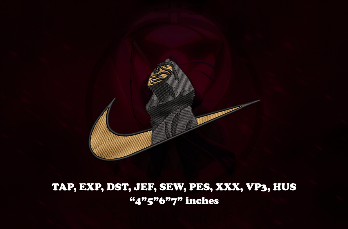 A dark anime-style embroidery design preview featuring Obito Uchiha wearing his mask and looking upward inside a swoosh-style curved logo shape, with a powerful centered composition. White technical text at the bottom lists embroidery file formats such as TAP, EXP, DST, JEF, SEW, PES, XXX, VP3, HUS, along with dimensions in inches