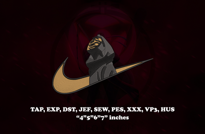 A dark anime-style embroidery design preview featuring Obito Uchiha wearing his mask and looking upward inside a swoosh-style curved logo shape, with a powerful centered composition. White technical text at the bottom lists embroidery file formats such as TAP, EXP, DST, JEF, SEW, PES, XXX, VP3, HUS, along with dimensions in inches