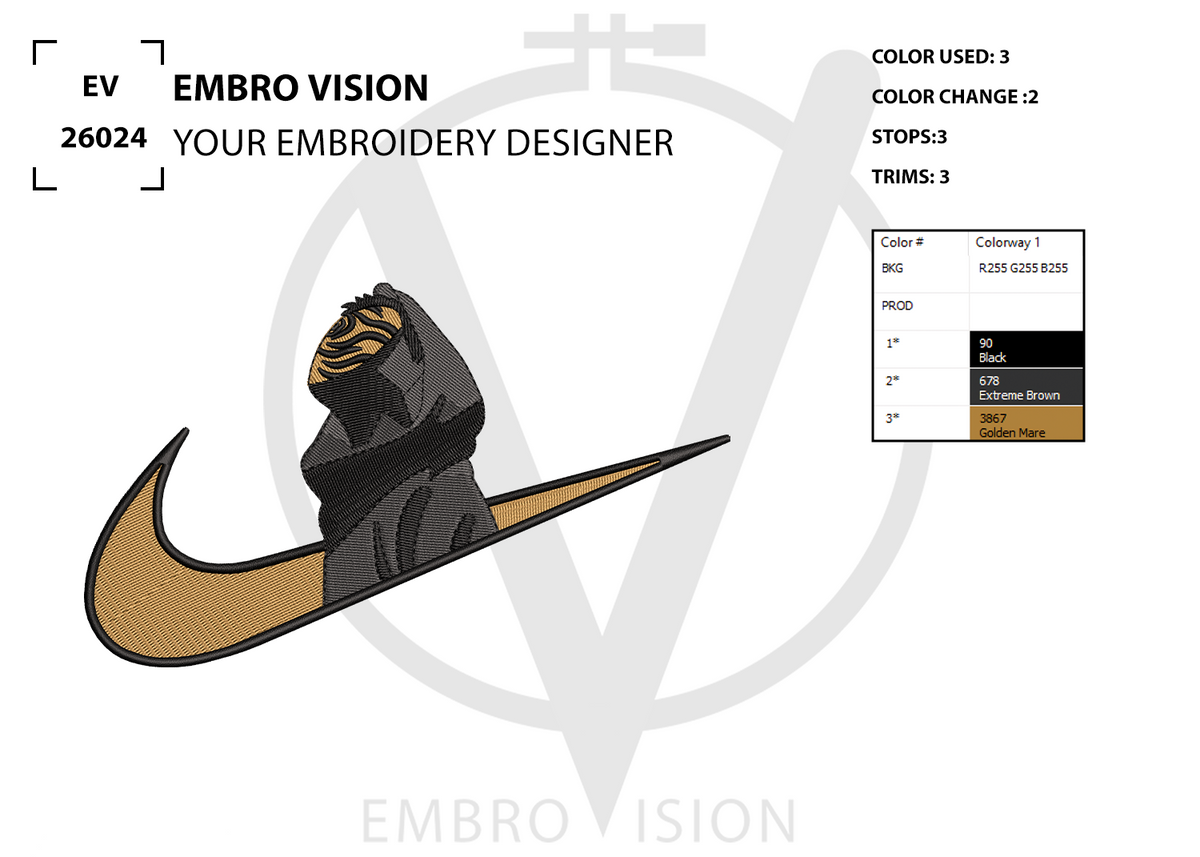 A digital embroidery design preview for “SWOOSH – Obito Uchiha DESIGN” showing a stylized anime character inspired by Obito Uchiha looking upward while wearing his mask, positioned inside a bold swoosh-shaped emblem with a dramatic upward pose, alongside color usage information and stitch count details and its by Embrovision