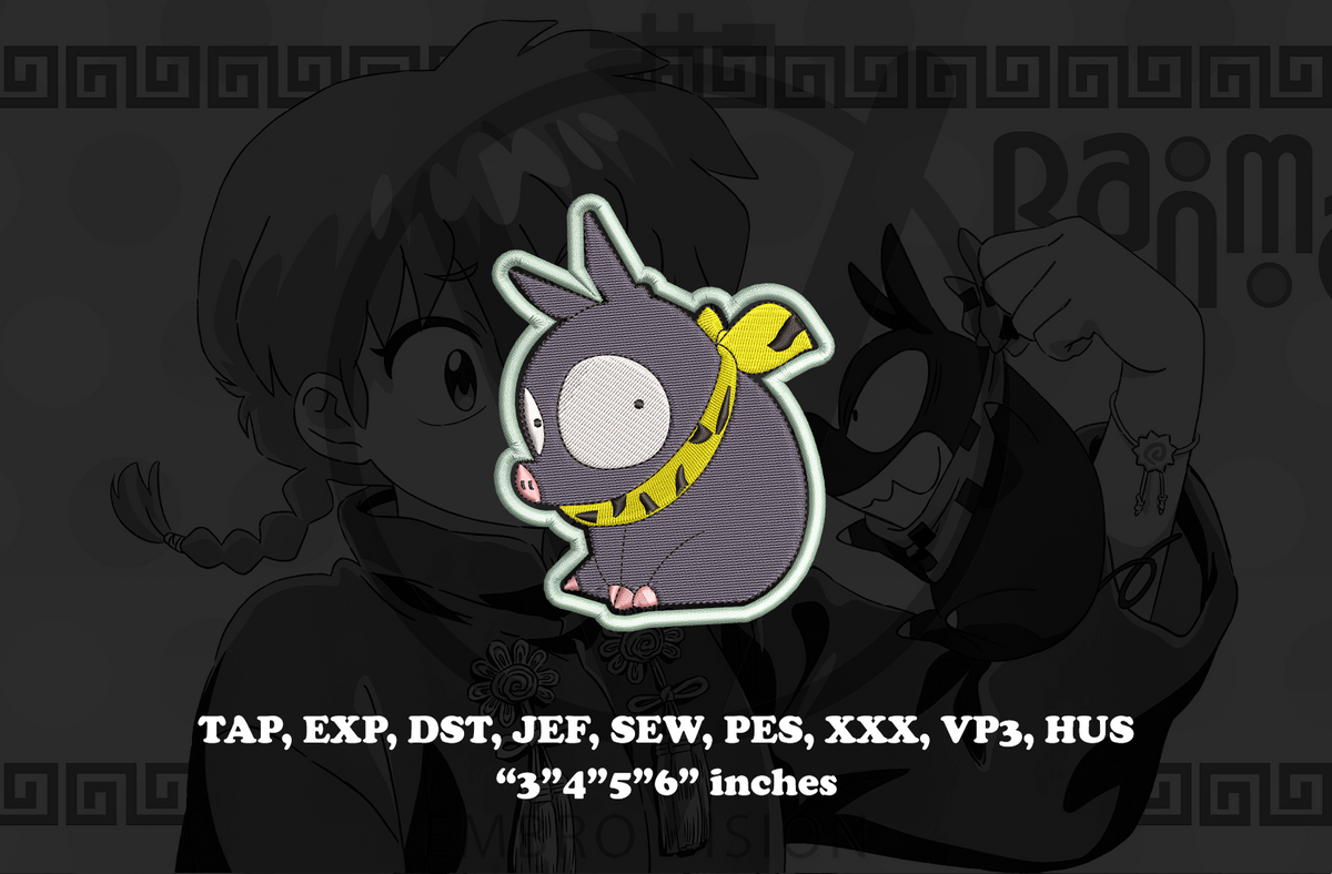 A digital embroidery patch preview featuring P-chan from Ranma ½, the pig form of Ryoga Hibiki, with a gray body, yellow scarf, and pink feet. White technical text at the bottom lists embroidery file formats such as TAP, EXP, DST, JEF, SEW, PES, XXX, VP3, HUS, along with dimensions in inches.