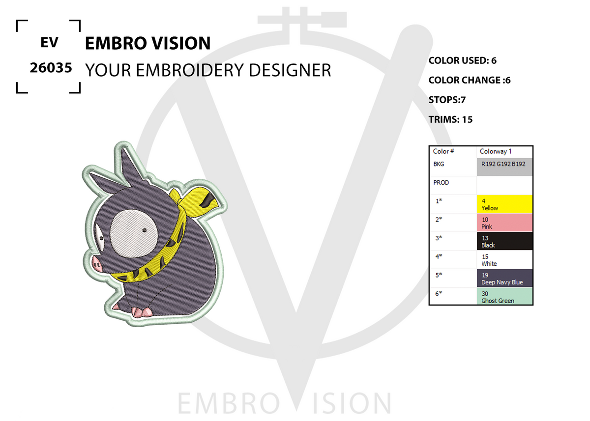 A digital embroidery patch preview of P-chan from Ranma ½, featuring a pig design with a gray body, yellow scarf, and pink feet, with “EMBRO VISION” branding alongside color usage information and stitch count details.