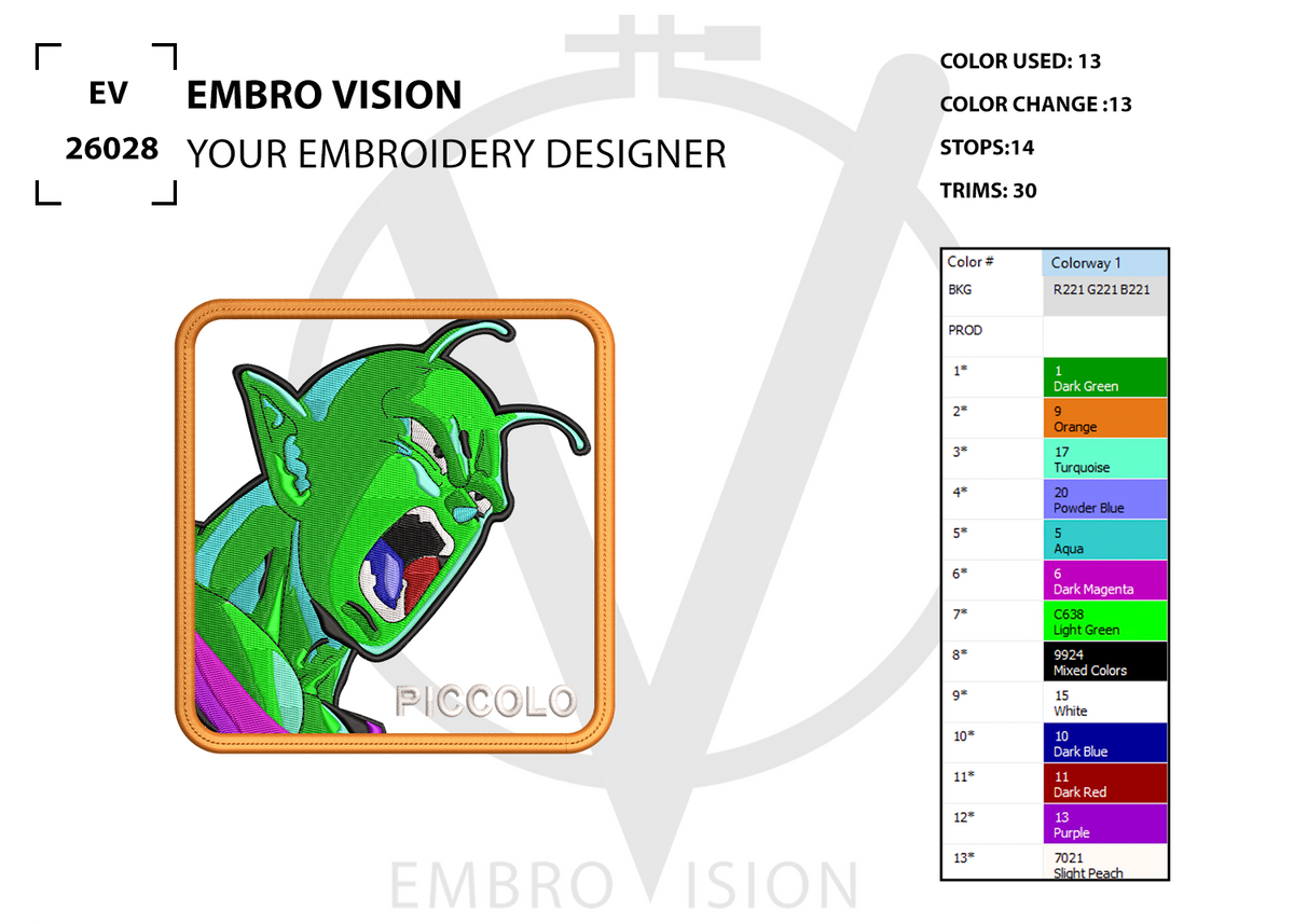 A digital embroidery design preview featuring Piccolo from Dragon Ball in his iconic green skin screaming, displayed on a clean white background alongside color usage information and stitch count details.
