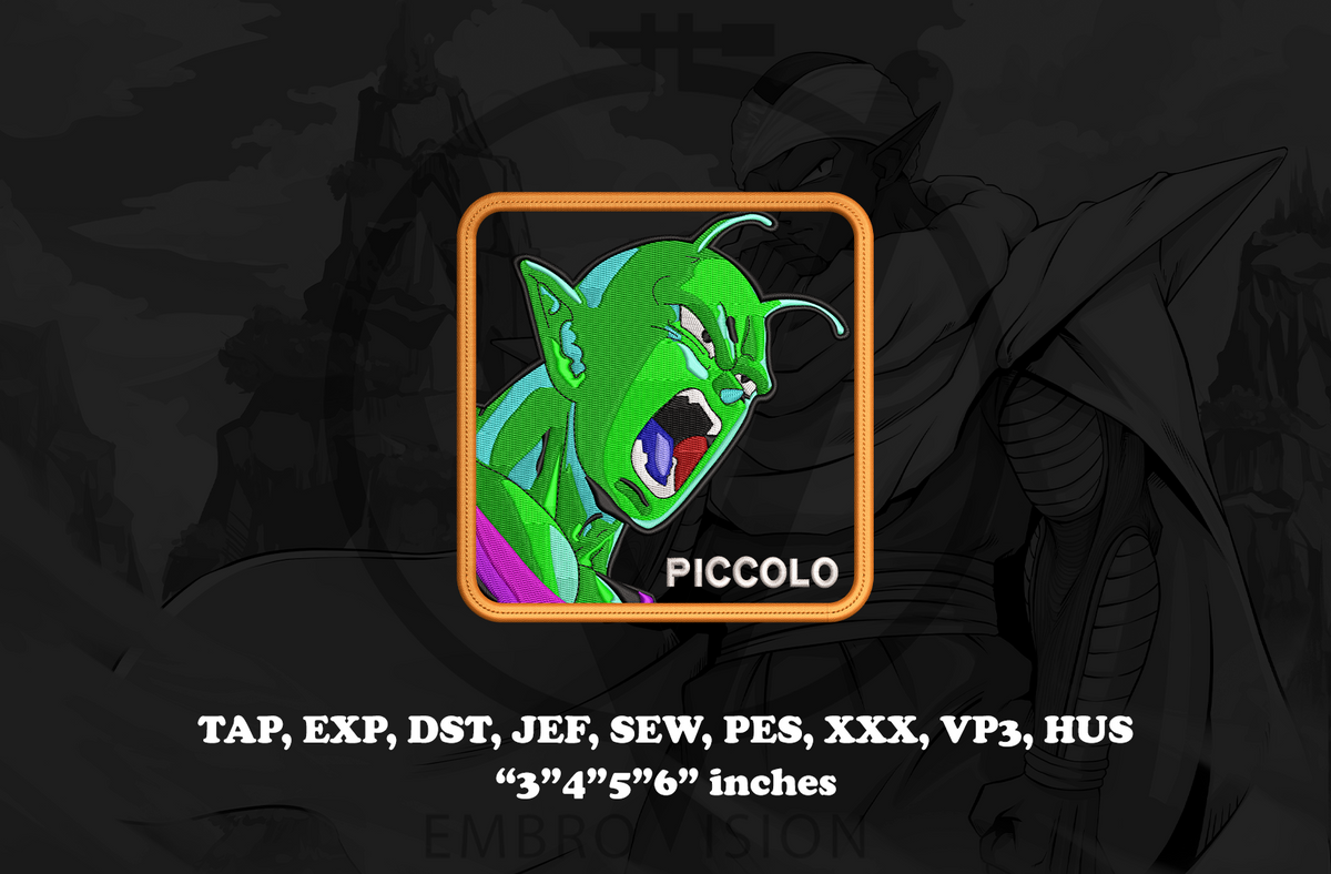 A digital embroidery design preview featuring Piccolo from Dragon Ball with the word "PICCOLO" beneath it, centered on a dark background with additional text listing file formats and sizes.
