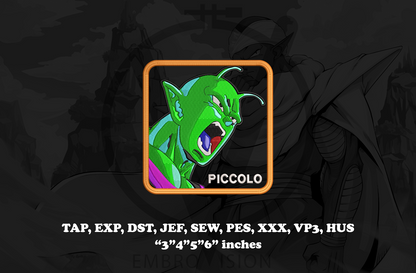 A digital embroidery design preview featuring Piccolo from Dragon Ball with the word "PICCOLO" beneath it, centered on a dark background with additional text listing file formats and sizes.