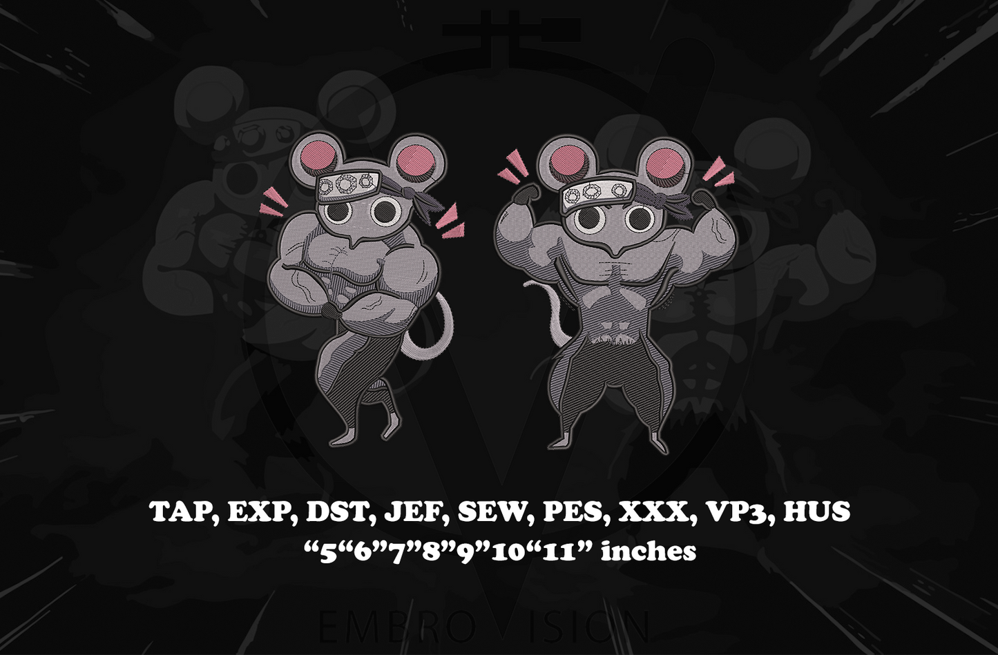 A digital embroidery design preview featuring two Ninja Muscle Mice wearing headbands and flexing from anime Demon Slayer, with text listing embroidery file formats and sizes: TAP, EXP, DST, JEF, SEW, PES, XXX, VP3, HUS, 