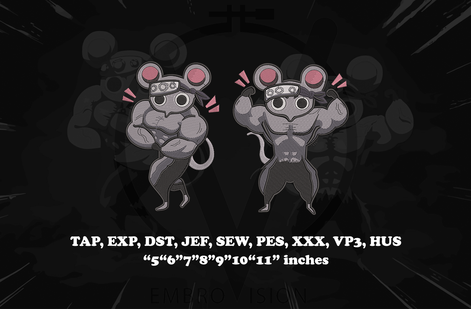 A digital embroidery design preview featuring two Ninja Muscle Mice wearing headbands and flexing from anime Demon Slayer, with text listing embroidery file formats and sizes: TAP, EXP, DST, JEF, SEW, PES, XXX, VP3, HUS, 