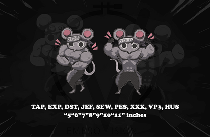 A digital embroidery design preview featuring two Ninja Muscle Mice wearing headbands and flexing from anime Demon Slayer, with text listing embroidery file formats and sizes: TAP, EXP, DST, JEF, SEW, PES, XXX, VP3, HUS, 