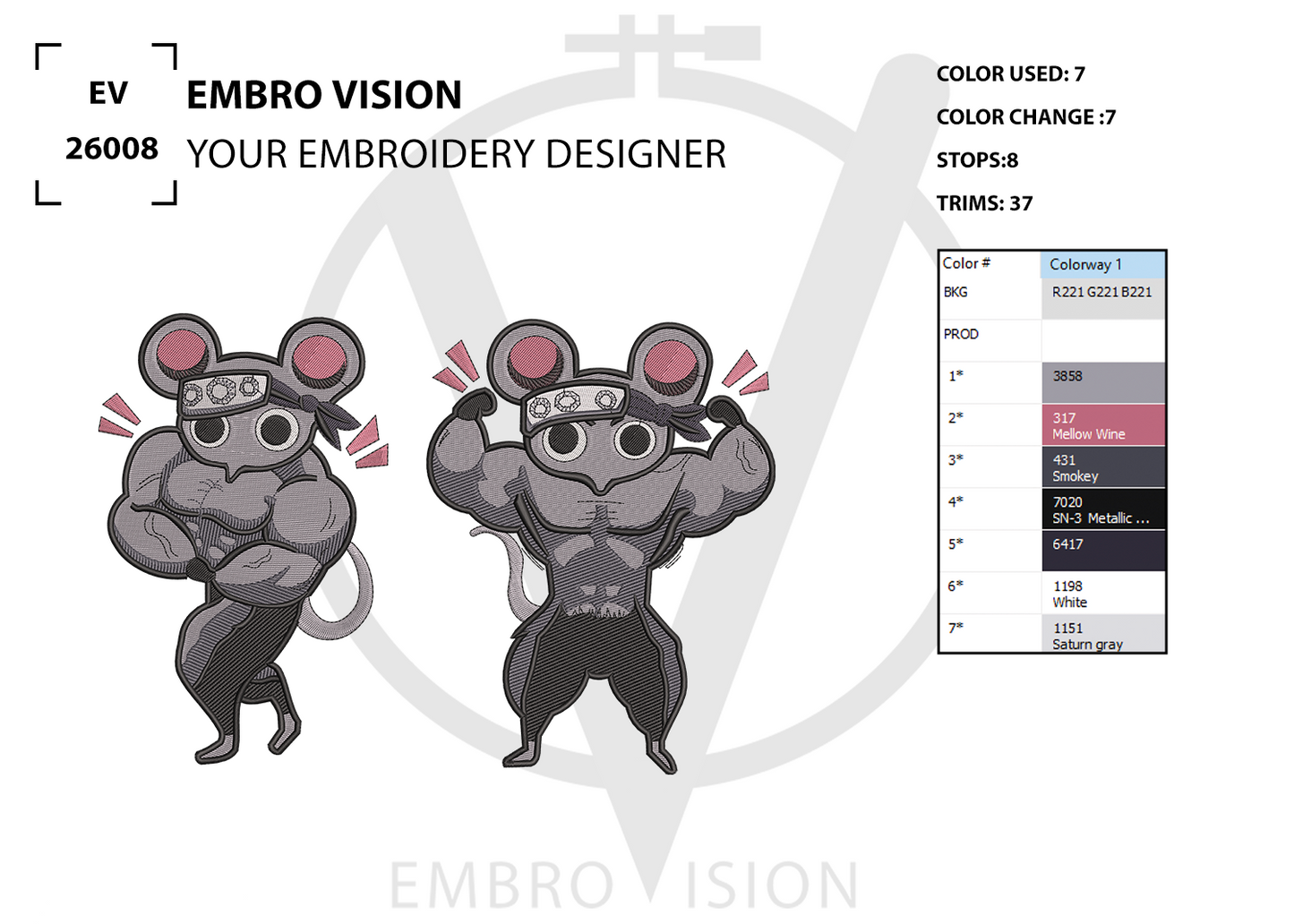 A digital preview sheet for custom embroidery design by Embro Vision, showing two cartoon muscular mice in gray and black with pink accents, alongside a color usage information and stitch count details