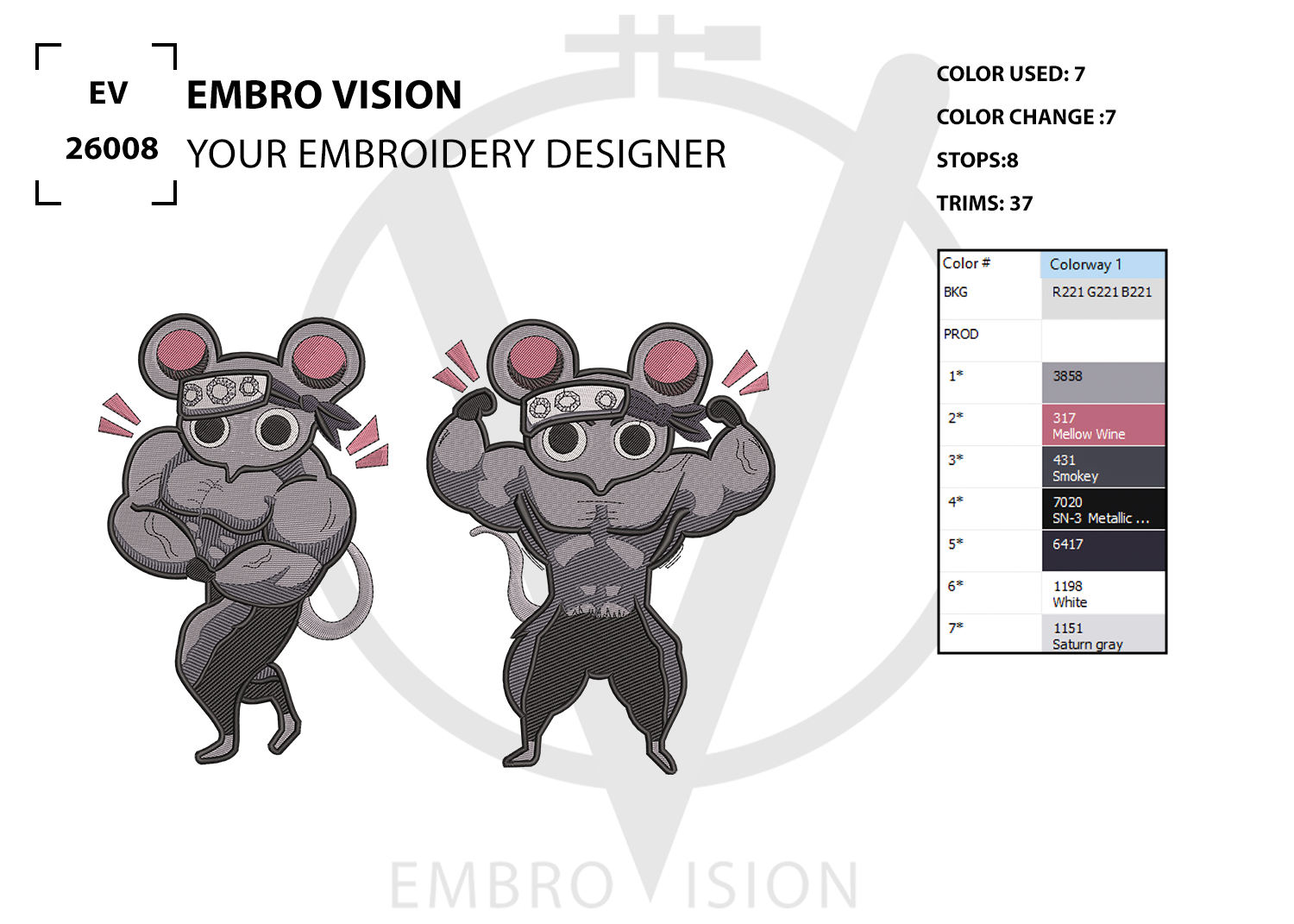 A digital preview sheet for custom embroidery design by Embro Vision, showing two cartoon muscular mice in gray and black with pink accents, alongside a color usage information and stitch count details