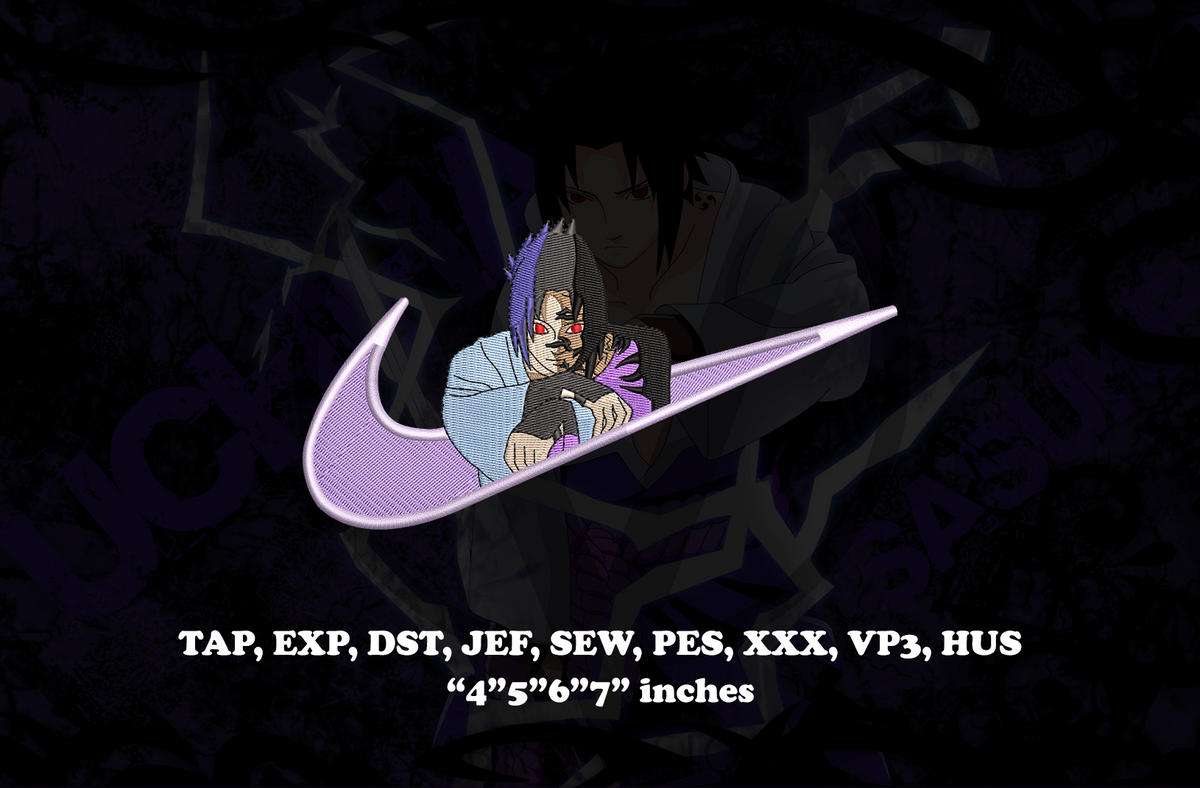 A dark anime-style embroidery design preview featuring Sasuke Uchiha in a low crouched combat pose inside a swoosh-style curved logo shape with strong contrast shading and dynamic composition. White technical text at the bottom lists embroidery file formats such as TAP, EXP, DST, JEF, SEW, PES, XXX, VP3, HUS, along with dimensions in inches