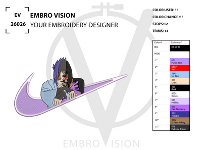 A digital embroidery design preview for “SWOOSH – Sasuke Uchiha DESIGN” showing a stylized anime character inspired by Sasuke Uchiha in a crouched, focused combat stance integrated into a large dynamic swoosh-shaped emblem with dark black and purple tones and light blue and beige accents, alongside color usage information and stitch count details and its by Embrovision