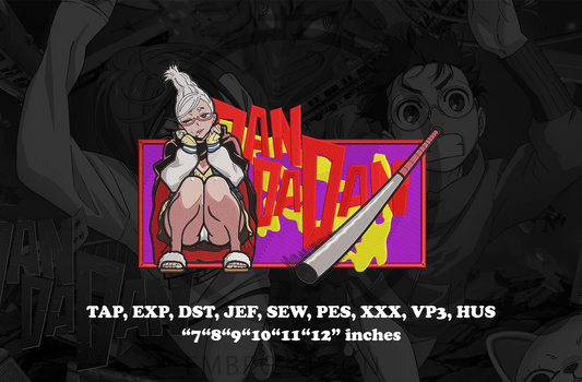 A digital embroidery design preview featuring the anime character Seiko Ayase  from dandadan, with a baseball bat and bold red text reading 'DANDADAN'. The image includes text listing compatible file formats and sizes,