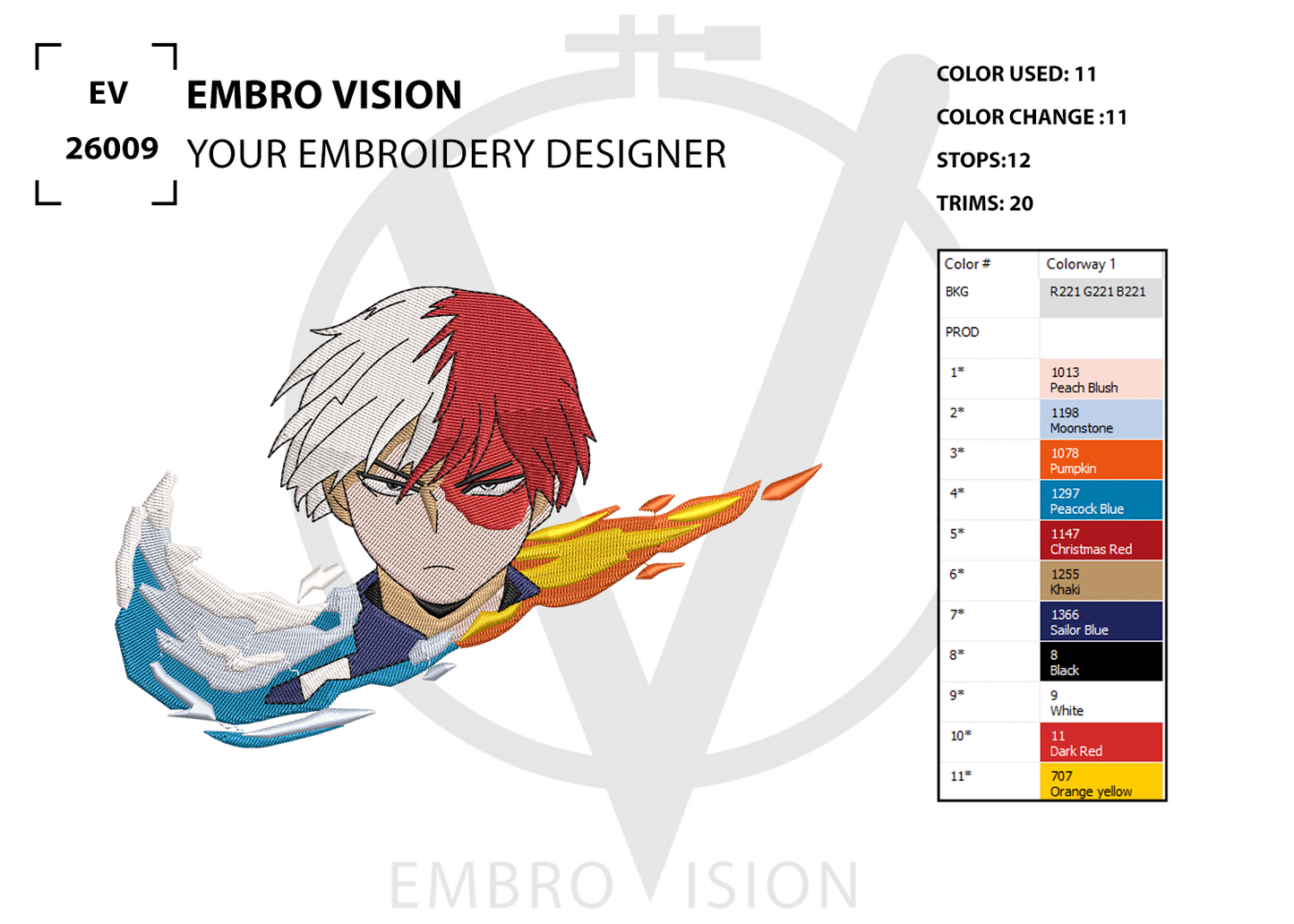 A digital preview sheet for custom embroidery design by Embro Vision, showing Shoto Todoroki from the anime My Hero Academia, alongside color usage information and stitch count details
