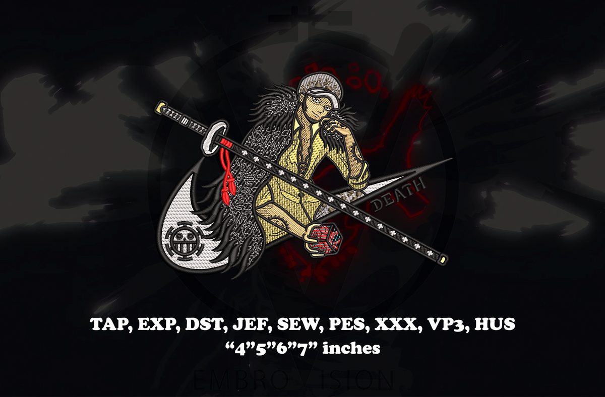 A dark anime-style embroidery preview featuring Trafalgar Law in his signature outfit inside a swoosh-style curved logo shape, holding a heart created by his Room ability and a sword beside him, with white technical text listing embroidery formats (DST, PES, JEF, VP3, HUS, EXP, XXX) and stitch/dimension details.