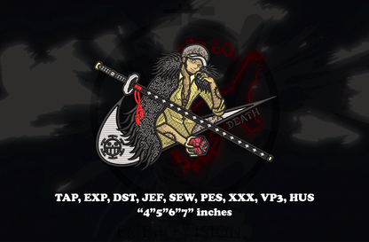 A dark anime-style embroidery preview featuring Trafalgar Law in his signature outfit inside a swoosh-style curved logo shape, holding a heart created by his Room ability and a sword beside him, with white technical text listing embroidery formats (DST, PES, JEF, VP3, HUS, EXP, XXX) and stitch/dimension details.