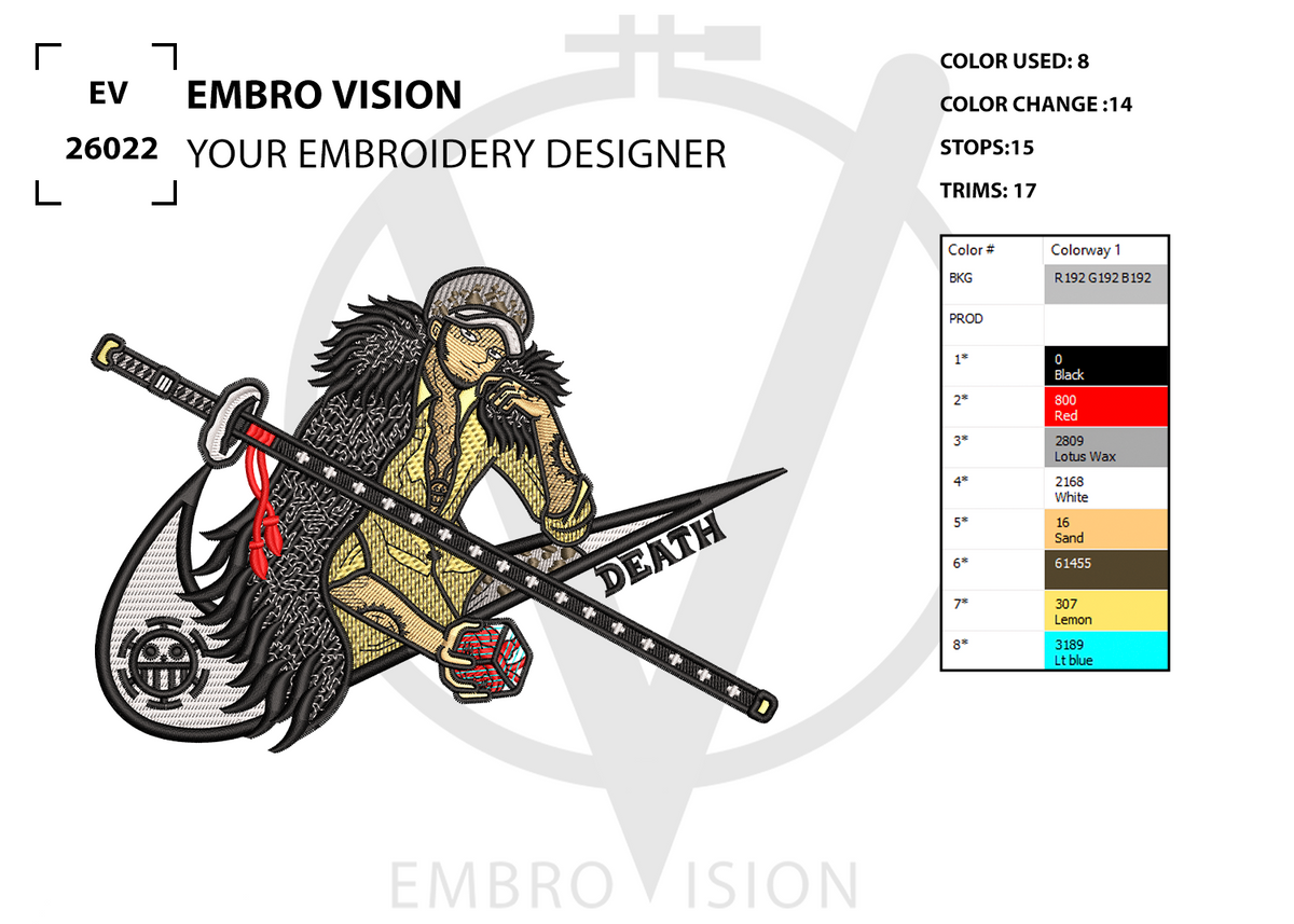 A digital embroidery design preview for “SWOOSH – Trafalgar Law DESIGN” showing a stylized anime character inspired by Trafalgar Law posing inside a bold swoosh-shaped emblem, holding a floating heart using his “Room” ability in one hand and his sword at his side, with color legend and stitch details.