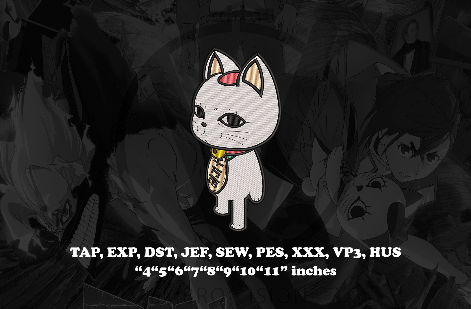 A digital embroidery design preview featuring a character of Turbo Granny from  the anime dandadan. White text at the bottom lists file formats: TAP, EXP, DST, JEF, SEW, PES, XXX, VP3, HUS, and sizes.