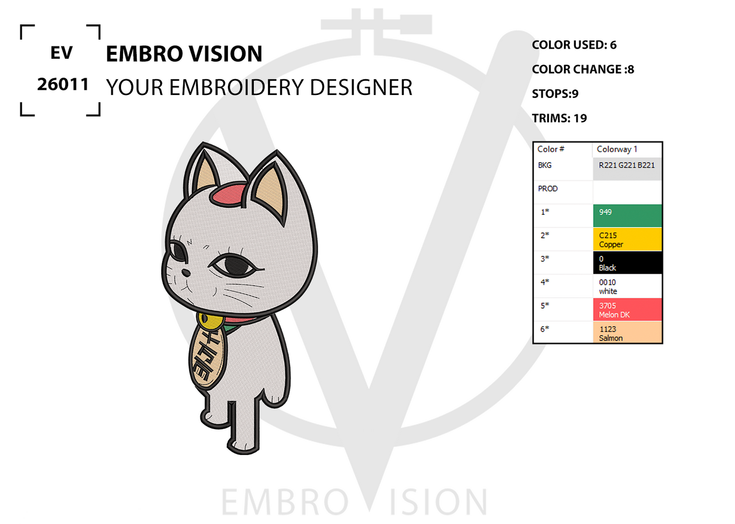A digital embroidery design preview for a Maneki-neko cat character, showing a gray cat with black outlines, a red forehead patch, and a gold bell. The image includes an embroidery color chart on the right and branding text for 'EMBRO VISION'.