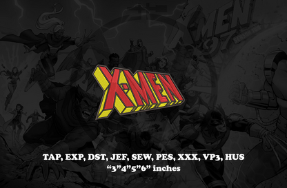 A digital embroidery patch preview featuring the X-Men logo, with a red and yellow 3D-effect embroidered emblem on a white background. White technical text at the bottom lists embroidery file formats such as TAP, EXP, DST, JEF, SEW, PES, XXX, VP3, HUS, along with dimensions in inches.