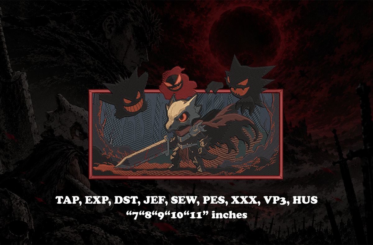A digital embroidery design preview featuring a unique crossover concept combining Cubone from Pokémon and a Berserk-inspired dark fantasy warrior aesthetic. The character is reimagined with a worn bone helmet and skull-like mask design fused with Berserk-style armor details, creating a dark, emotional, battle-worn atmosphere. The image includes with a clean layout listing compatible file formats and embroidery sizes for instant download.