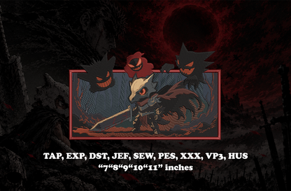 A digital embroidery design preview featuring a unique crossover concept combining Cubone from Pokémon and a Berserk-inspired dark fantasy warrior aesthetic. The character is reimagined with a worn bone helmet and skull-like mask design fused with Berserk-style armor details, creating a dark, emotional, battle-worn atmosphere. The image includes with a clean layout listing compatible file formats and embroidery sizes for instant download.