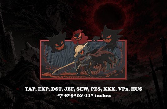 A digital embroidery design preview featuring a unique crossover concept combining Cubone from Pokémon and a Berserk-inspired dark fantasy warrior aesthetic. The character is reimagined with a worn bone helmet and skull-like mask design fused with Berserk-style armor details, creating a dark, emotional, battle-worn atmosphere. The image includes with a clean layout listing compatible file formats and embroidery sizes for instant download.