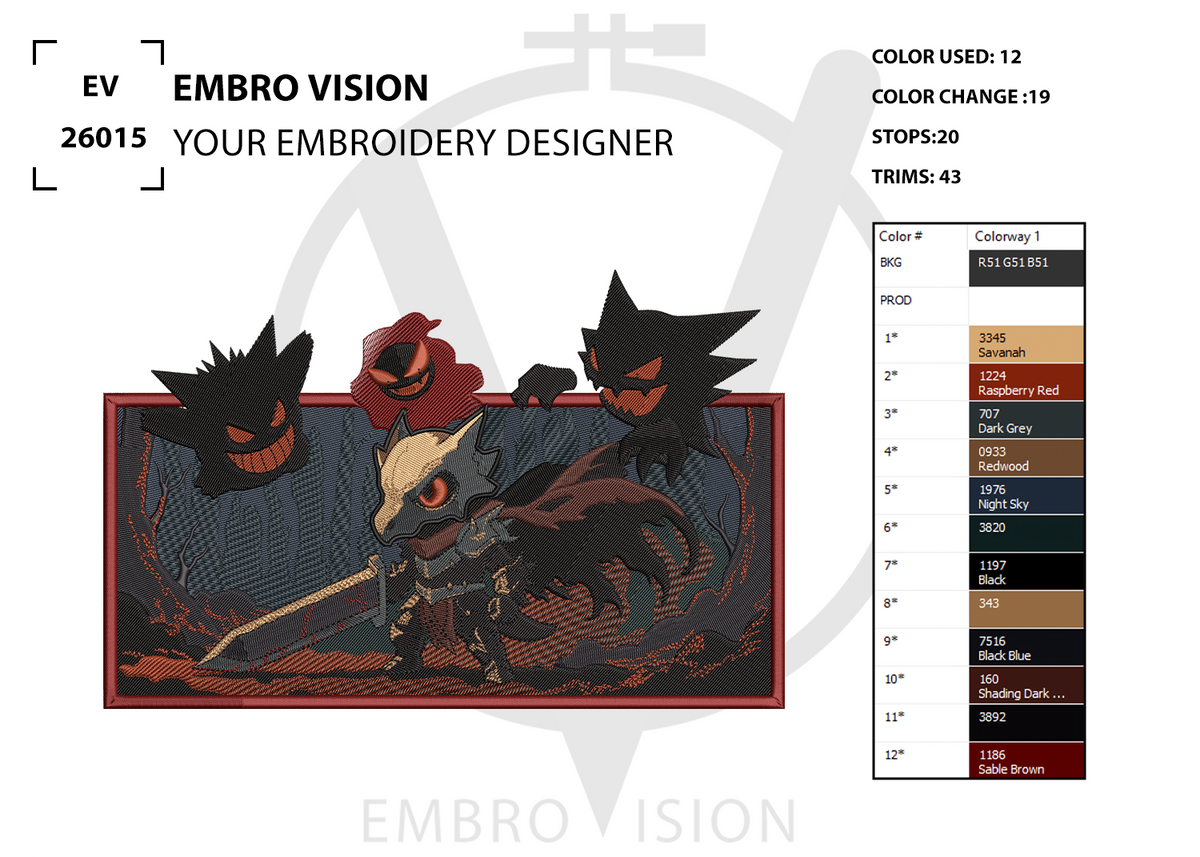 A digital embroidery design preview sheet for “EMBRO VISION” featuring a fusion character inspired by Cubone and Berserk, combining Cubone’s skull helmet aesthetic with a dark, armored, Berserk-style warrior design. The layout includes a clean white background, a color palette chart, and detailed stitch count information for each size, presented in a professional embroidery mockup style.