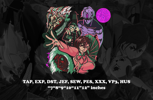 A digital embroidery design preview featuring main characters from the anime Dandadan, including Momo Ayase and Okarun, alongside Jiji, Evil Eye, and Turbo Granny, shown as detailed machine embroidery designs with visible stitching. The preview includes text listing embroidery file formats and sizes: TAP, EXP, DST, JEF, SEW, PES, XXX, VP3, HUS."