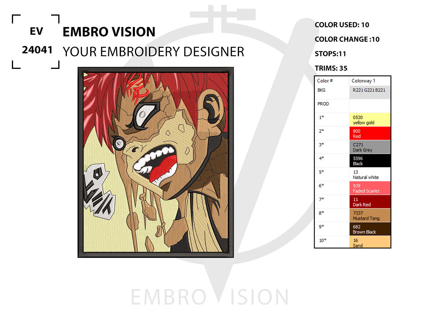 Custom gaara Embroidery Design - Perfect Embroidery File for Embroidery Machine