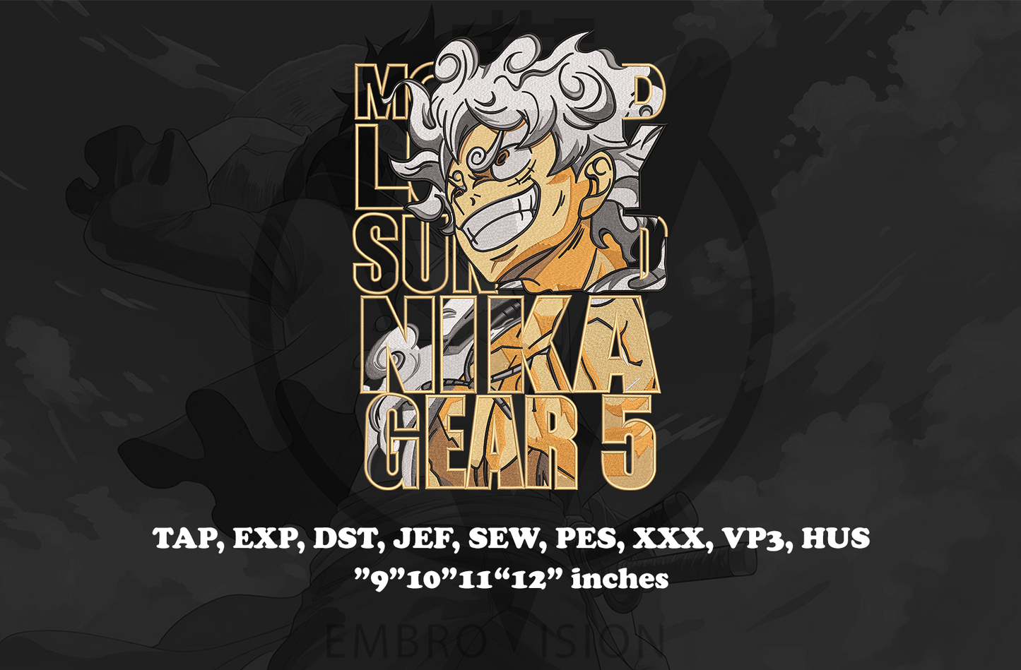 Digital preview of an embroidery design featuring the anime character Nika Gear 5 from ONE PIECE , with text listing supported file formats and sizes below.