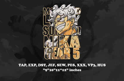 Digital preview of an embroidery design featuring the anime character Nika Gear 5 from ONE PIECE , with text listing supported file formats and sizes below.