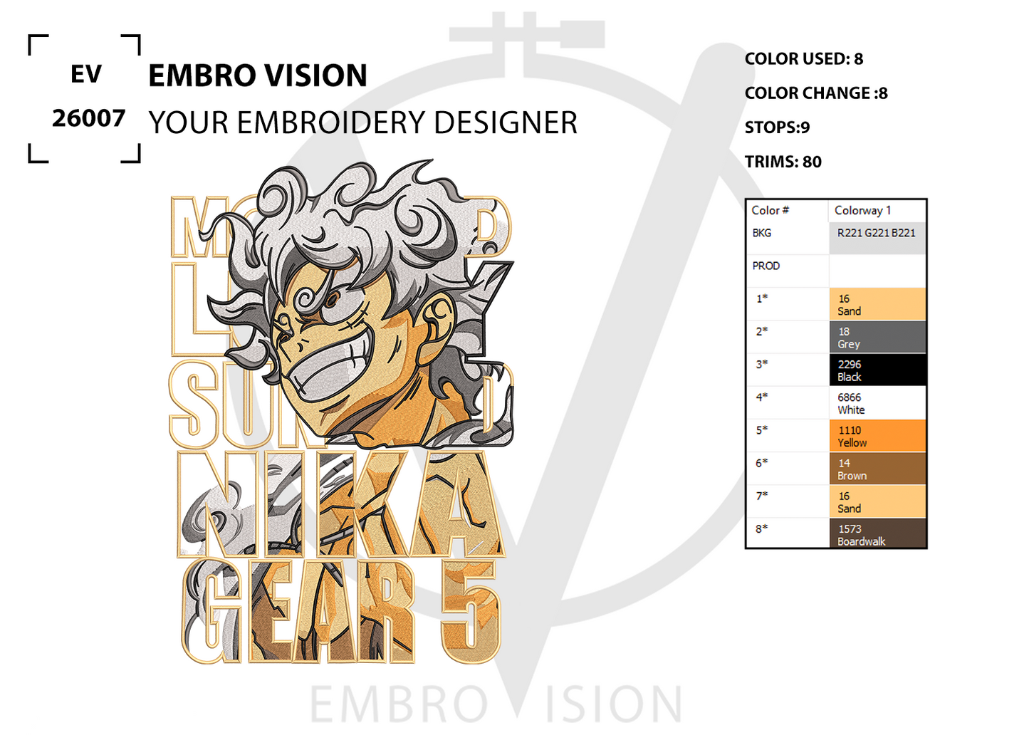 A digital embroidery design preview featuring Monkey D Luffy Gear 5 (Sun God Nika) with detailed machine embroidery stitching, layered over bold text. The sheet includes Embro Vision branding, color change details, stitch information, and a thread color palette chart on a white background.