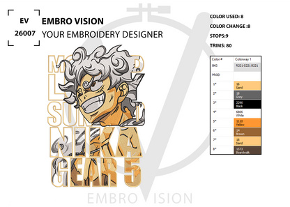 A digital embroidery design preview featuring Monkey D Luffy Gear 5 (Sun God Nika) with detailed machine embroidery stitching, layered over bold text. The sheet includes Embro Vision branding, color change details, stitch information, and a thread color palette chart on a white background.