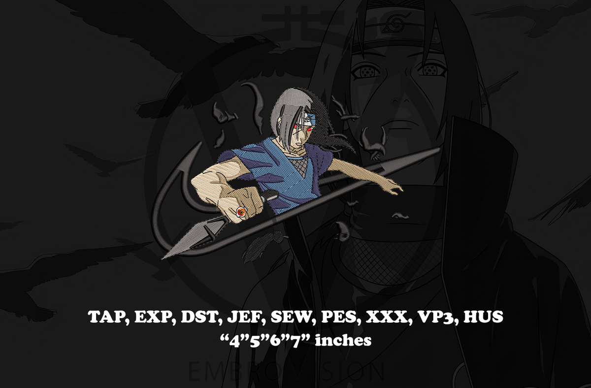 A dark anime-style digital embroidery design preview featuring Itachi Uchiha wearing his standard shinobi outfit (dark navy/black clothing), holding a ninja kunai in a focused combat stance. He is placed inside a bold swoosh-style curved logo shape (Nike-inspired motion swoosh form). A group of black crows flies beside him, forming a shadow aura effect. White technical text at the bottom lists embroidery file formats such as TAP, EXP, DST, JEF, SEW, PES, XXX, VP3, HUS, along with dimensions in inches 