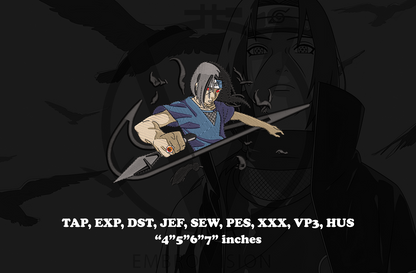 A dark anime-style digital embroidery design preview featuring Itachi Uchiha wearing his standard shinobi outfit (dark navy/black clothing), holding a ninja kunai in a focused combat stance. He is placed inside a bold swoosh-style curved logo shape (Nike-inspired motion swoosh form). A group of black crows flies beside him, forming a shadow aura effect. White technical text at the bottom lists embroidery file formats such as TAP, EXP, DST, JEF, SEW, PES, XXX, VP3, HUS, along with dimensions in inches 