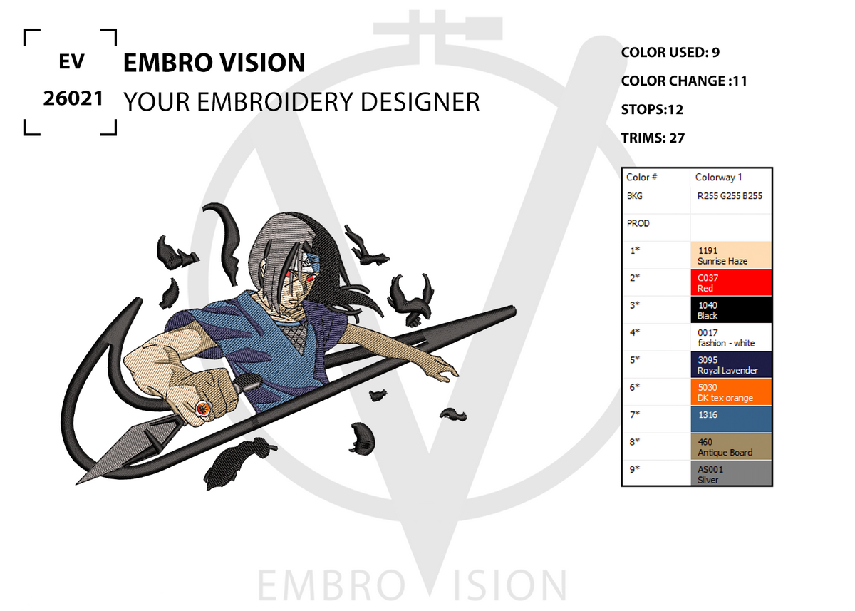 A digital embroidery design preview for “SWOOSH – Itachi Uchiha DESIGN” showing a stylized anime character inspired by Itachi Uchiha in a dark shinobi outfit holding a ninja kunai, positioned inside a bold swoosh-shaped emblem with dynamic crow effects around him,  alongside color usage information and stitch count details.