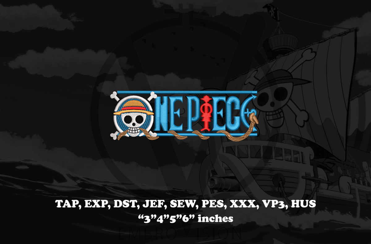 An embroidered design preview of a One Piece anime patch on a dark background, featuring the One Piece logo with a skull and crossbones, and text below listing compatible embroidery file formats and patch sizes.
