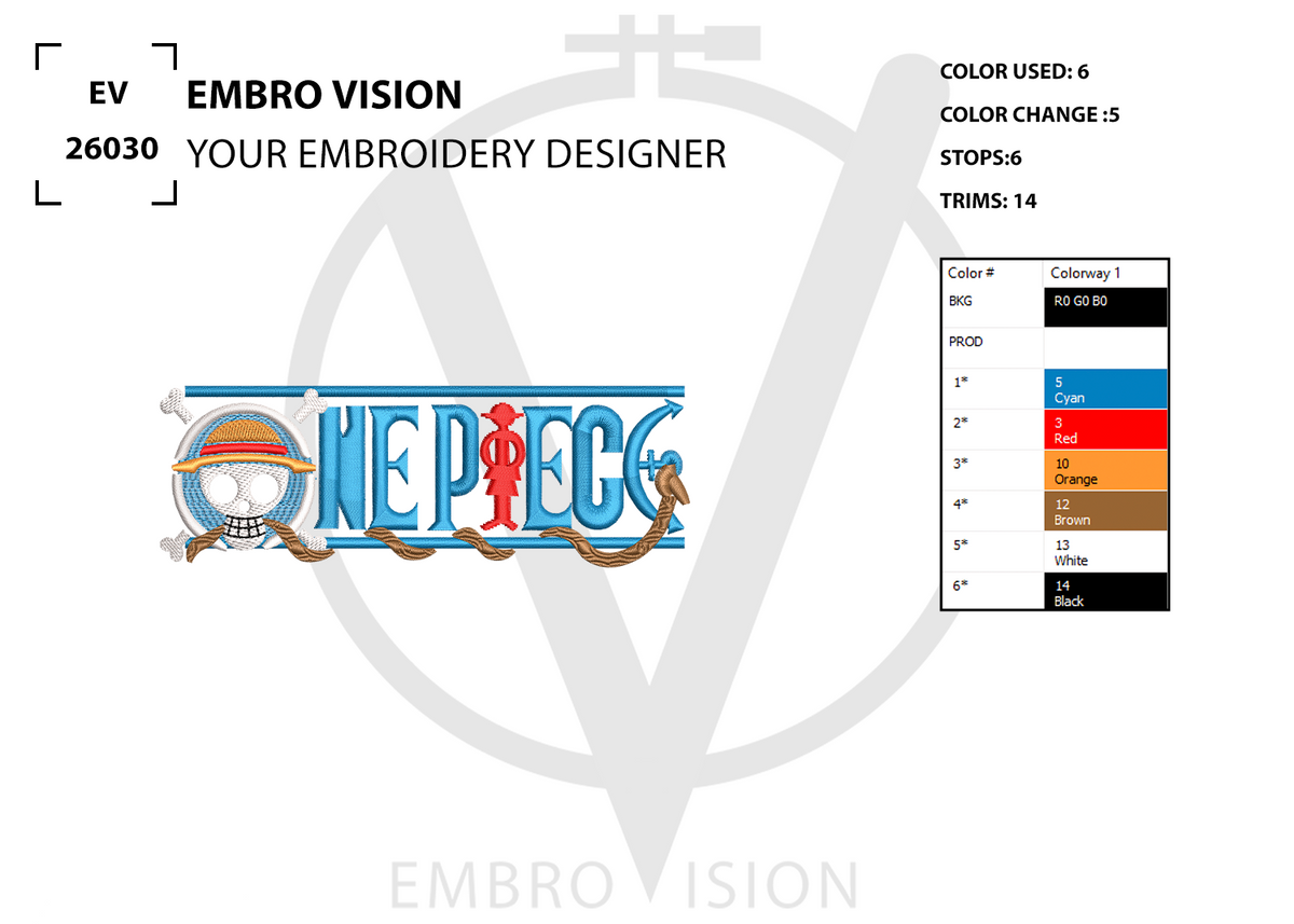 A digital embroidery design preview for the One Piece logo, showing the embroidered design with color options, stitch counts, and a color chart on a white background.