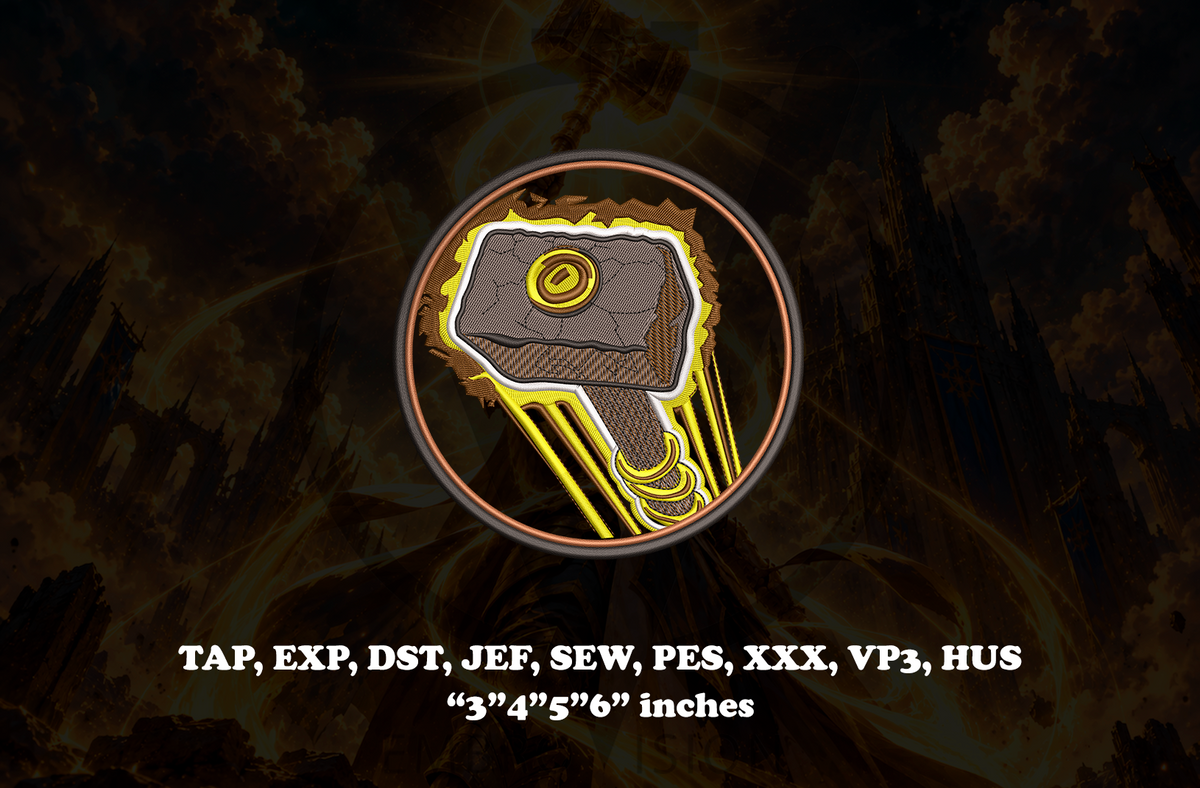 A digital embroidery patch design preview featuring a flying paladin’s hammer encircled by golden light within a circular emblem. White technical text at the bottom lists embroidery file formats such as TAP, EXP, DST, JEF, SEW, PES, XXX, VP3, HUS, along with dimensions in inches.