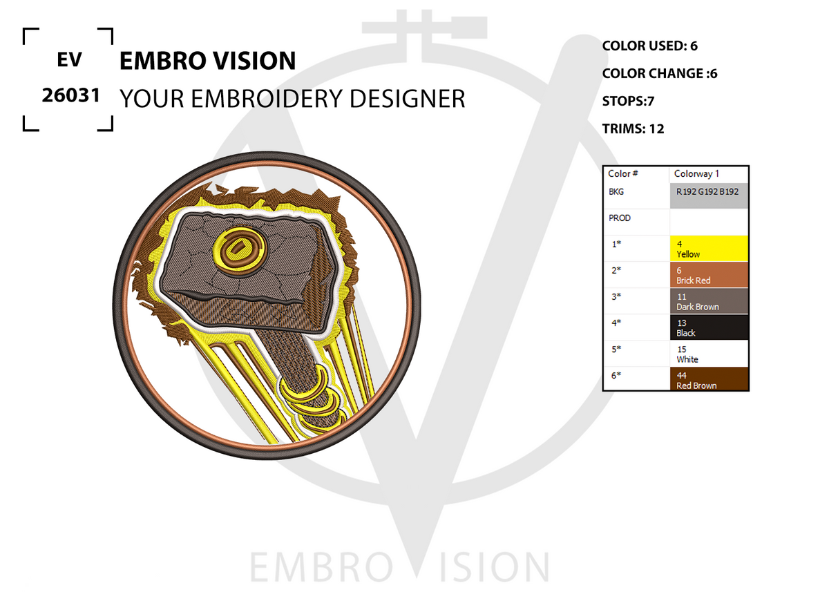 A digital embroidery design preview for “PALADIN HAMMER PATCH DESIGN” featuring a circular emblem of a flying paladin’s hammer surrounded by a radiant golden glow on a brown textured background, alongside color usage information and stitch count details and its by Embrovision.