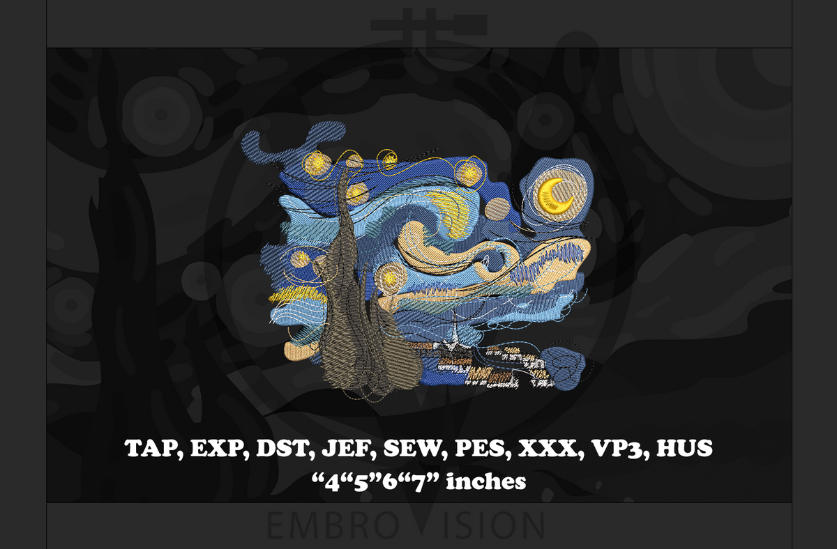 Digital preview of an embroidery design featuring a stylized Van Gogh-inspired night scene with swirling blue and yellow brushstrokes, stars, and a crescent moon, shown on a dark background with file format text below.