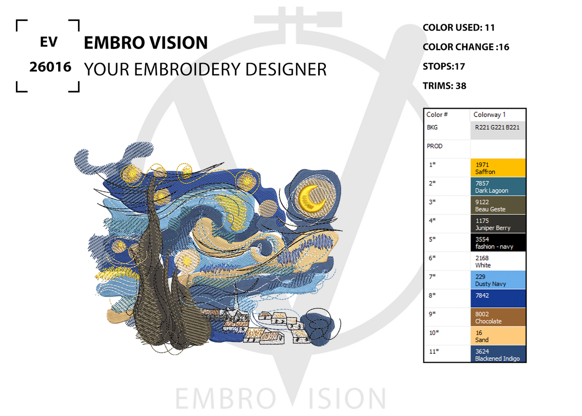 A digital embroidery design preview featuring a stylized Van Gogh-inspired night scene with cypress trees, and swirling blue, yellow, and black brush-like patterns. The image includes text reading 'EMBRO VISION', 'YOUR EMBROIDERY DESIGNER', color information, and a vertical color chart on a white background.